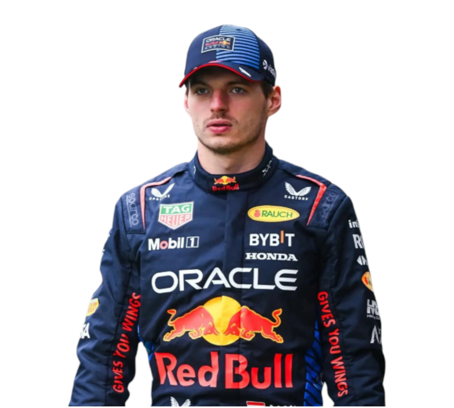 Person wearing a Red Bull racing suit with various sponsor logos on a white background