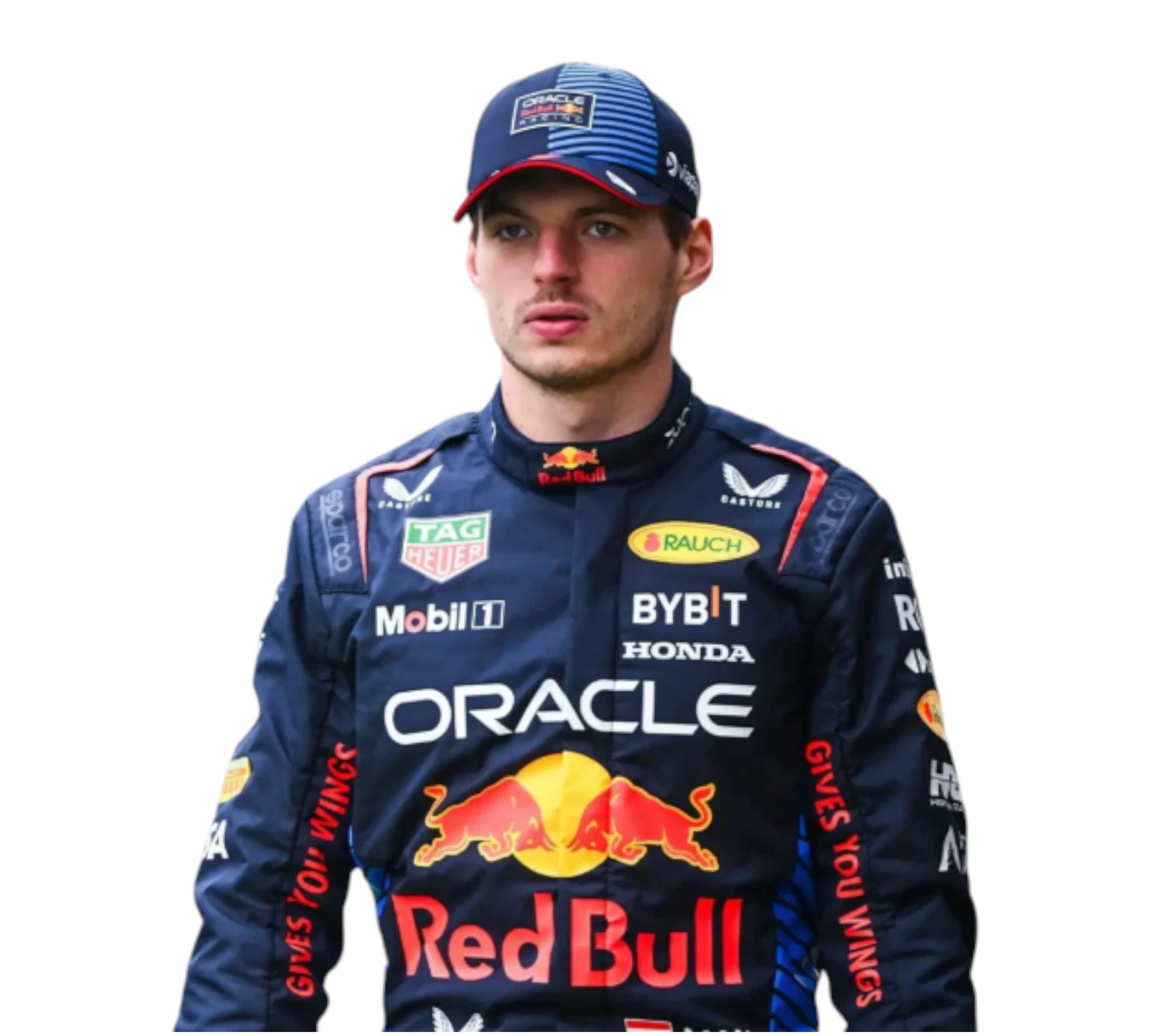 Person wearing a Red Bull racing suit with various sponsor logos on a white background