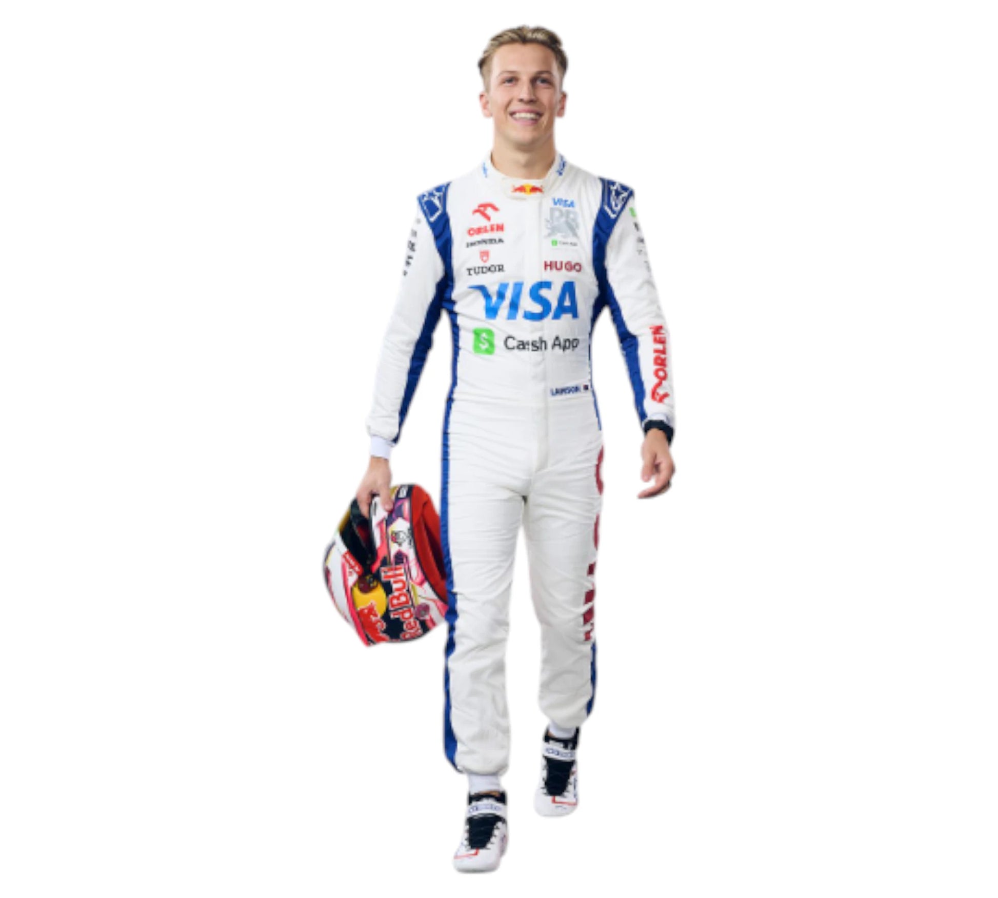 Person wearing a racing suit with various sponsor logos on a white background