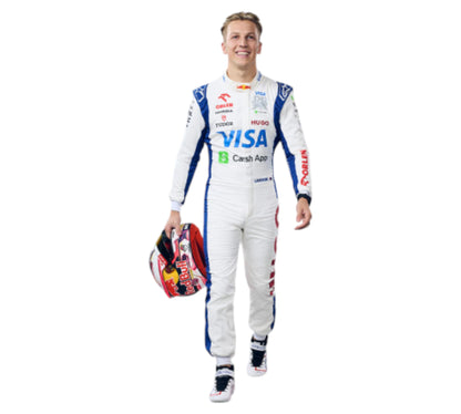 Person wearing a racing suit with various sponsor logos on a white background