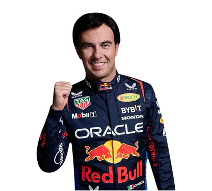 Person wearing a racing suit with Red Bull and Oracle logos on a white background