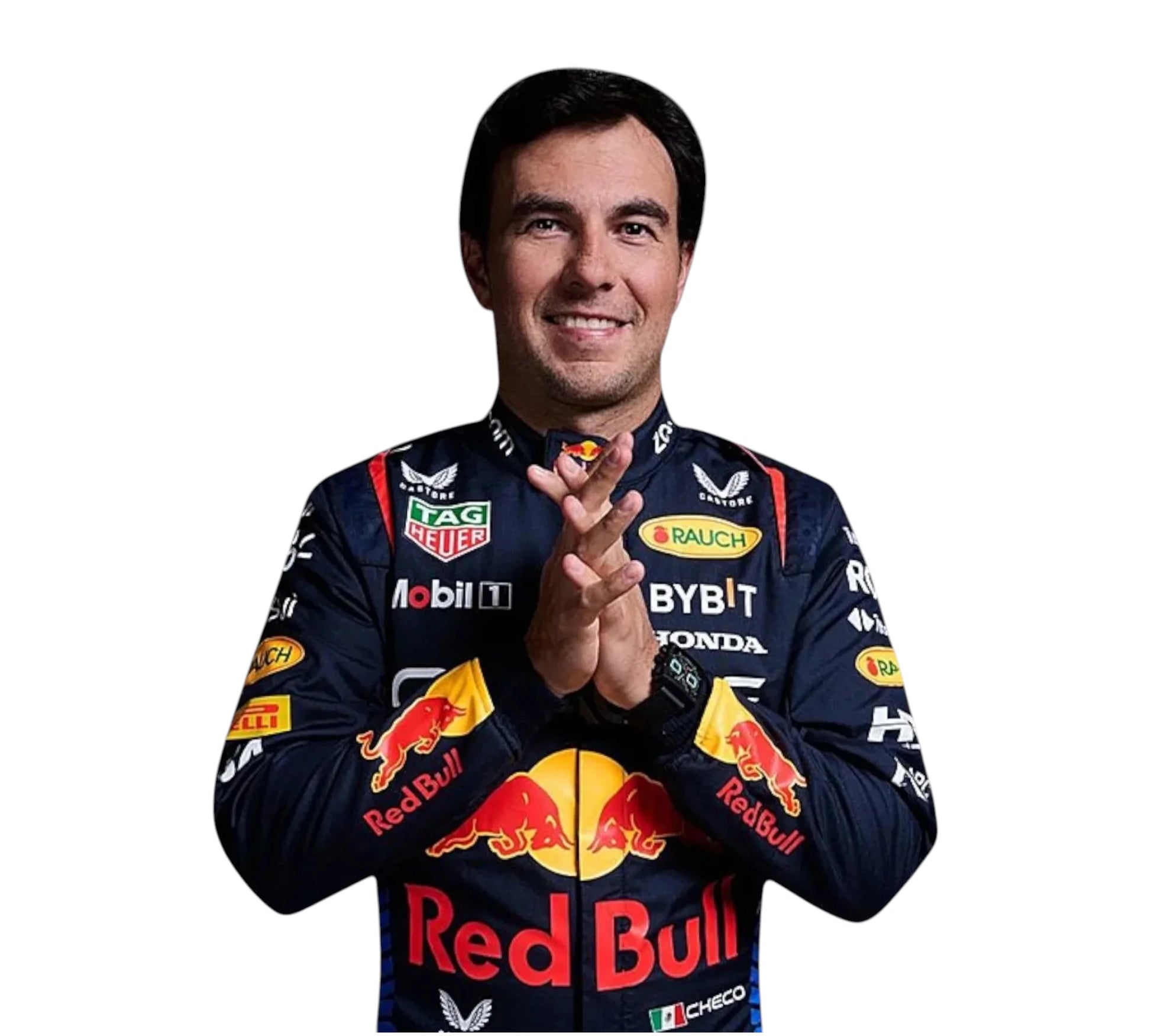 Person wearing a Red Bull racing suit with various sponsor logos on a white background