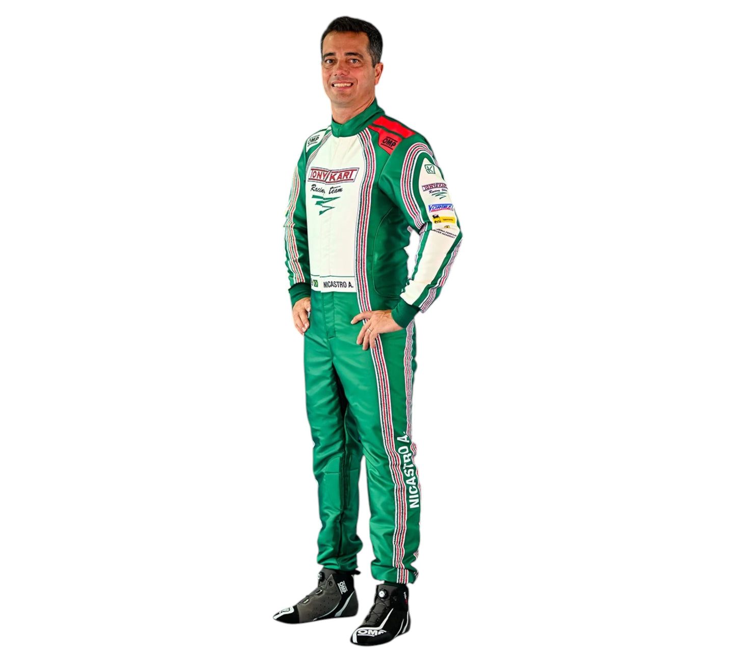 Person wearing a green racing suit with visible branding on a white background