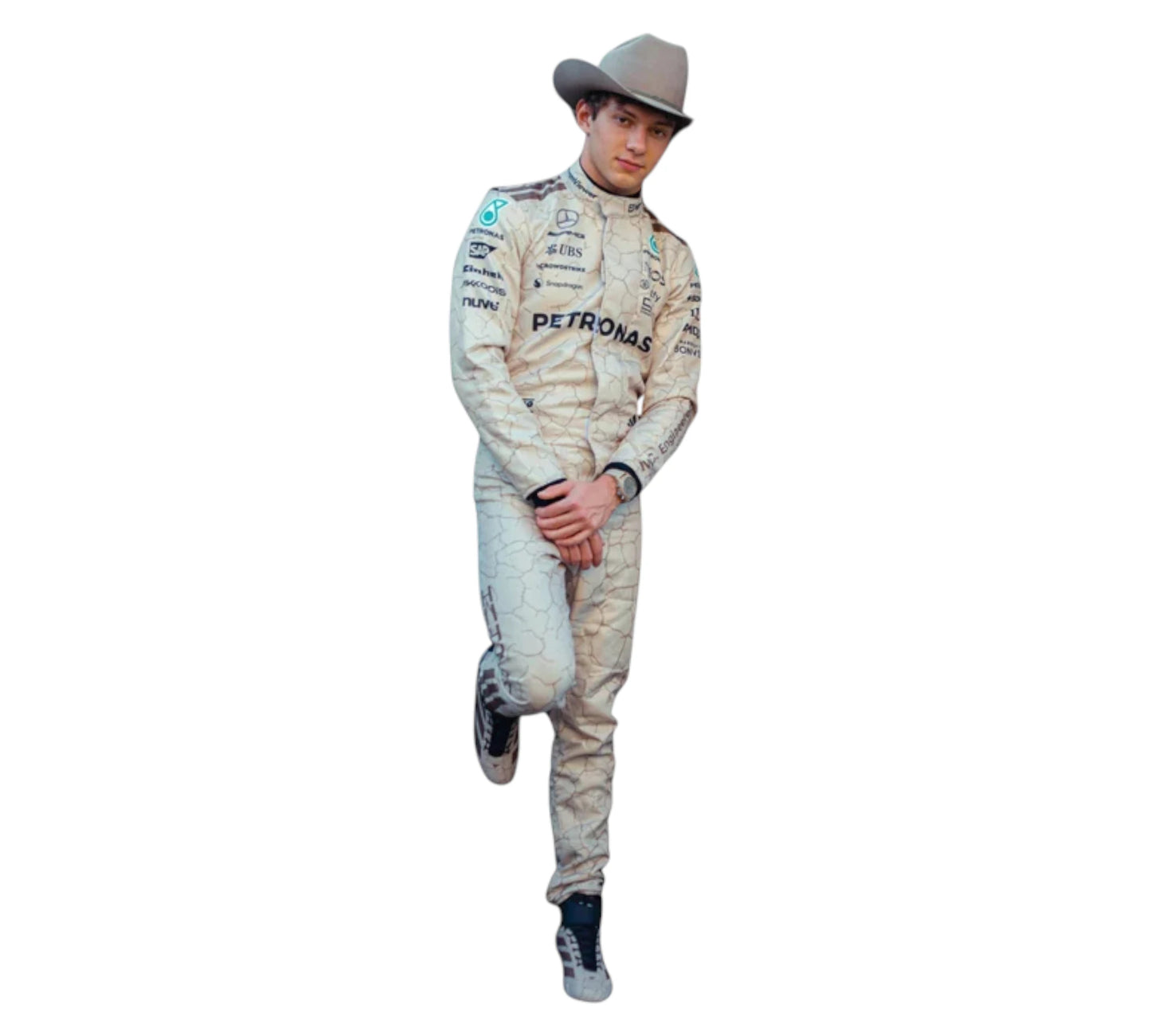 Person wearing a racing suit with Petronas branding on a white background