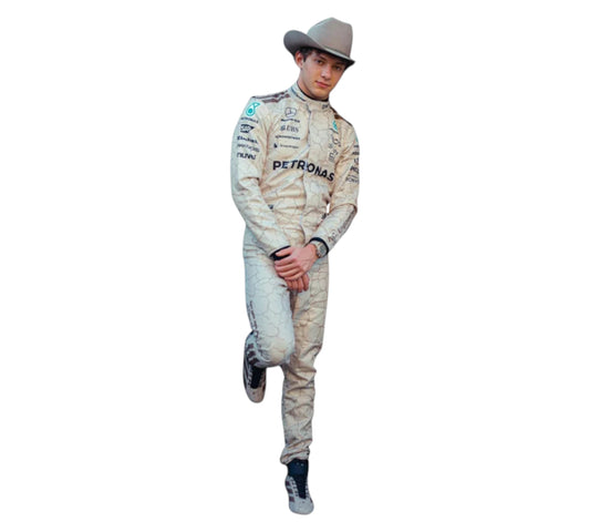 Person wearing a racing suit with Petronas branding on a white background