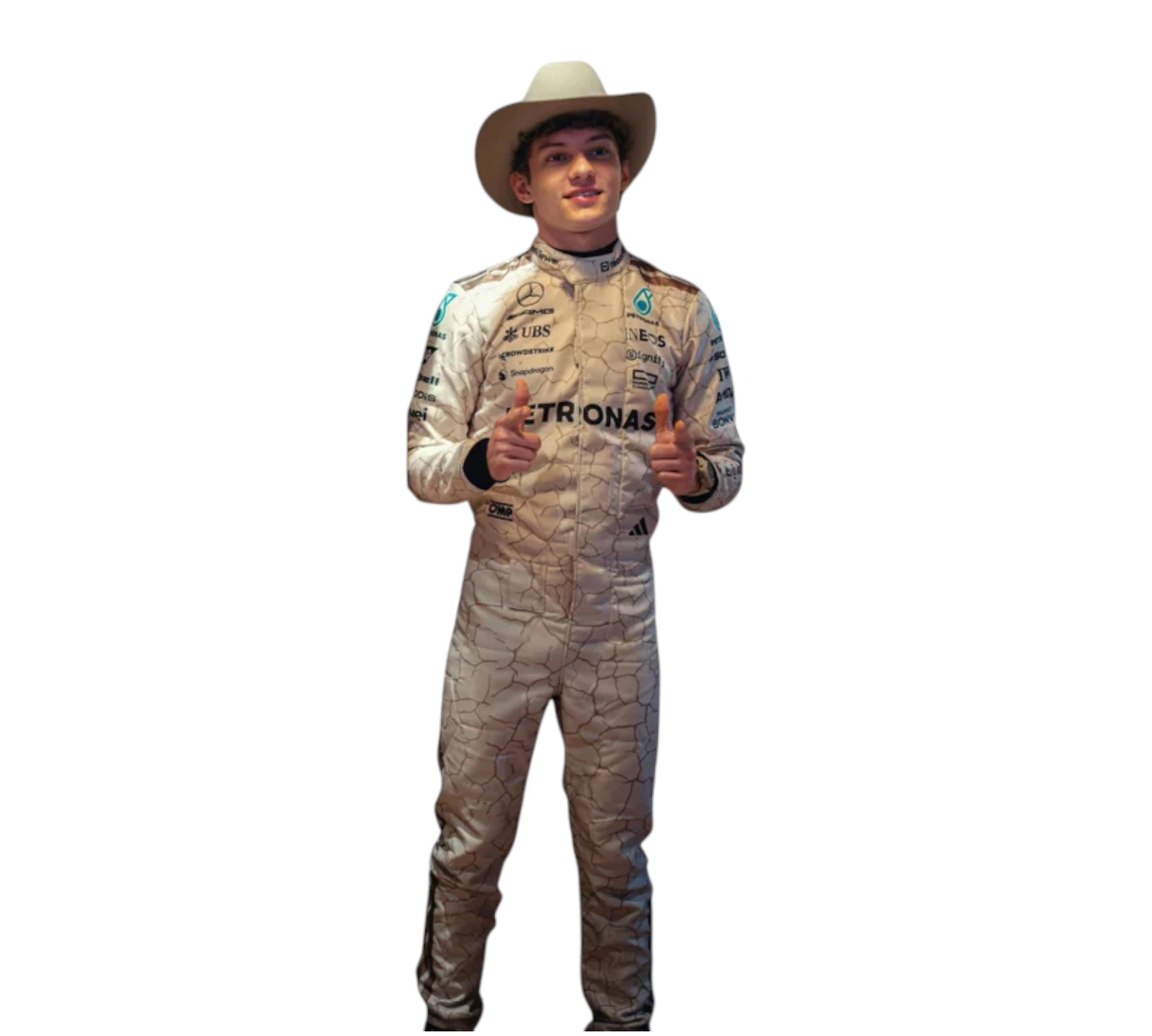 Person wearing a racing suit with visible branding on a white background