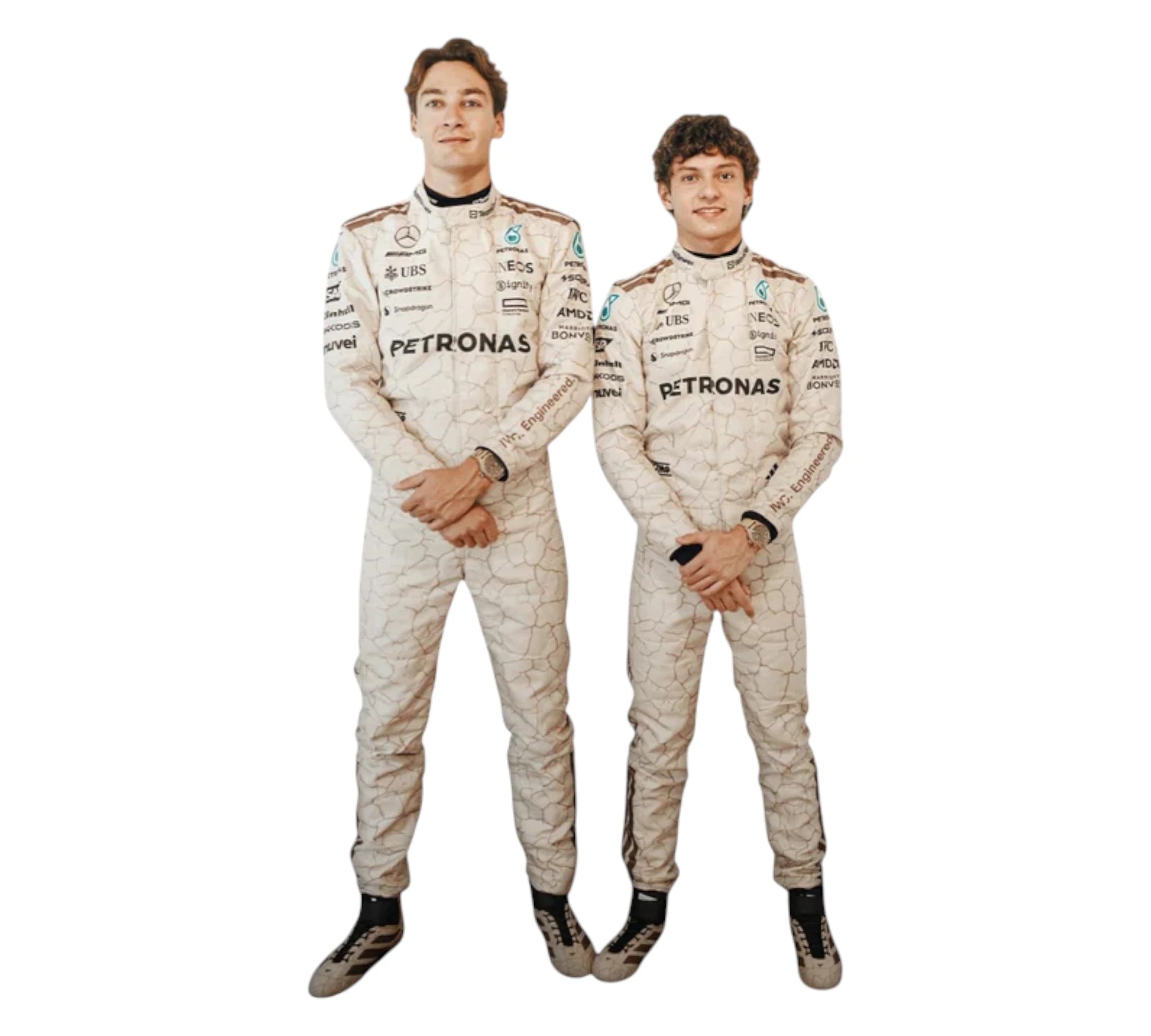 Two individuals wearing white racing suits with Petronas branding on a white background