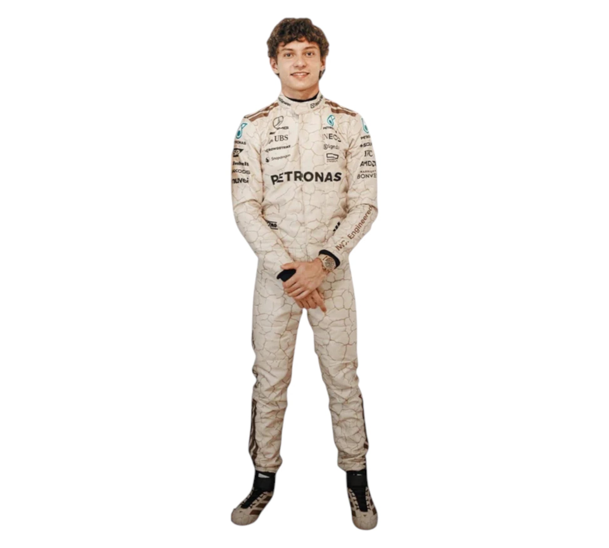 Person wearing a racing suit with Petronas branding on a white background