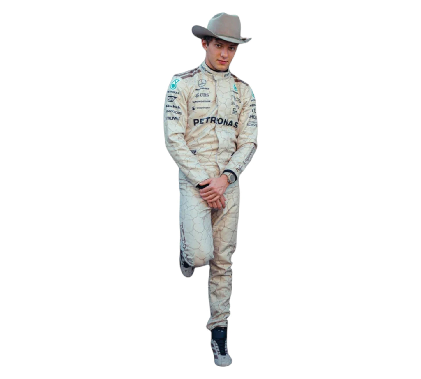Person wearing a racing suit with Petronas branding on a white background