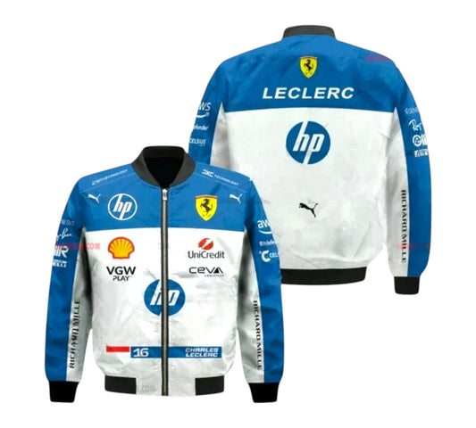 Blue and white jacket with various logos on a white background