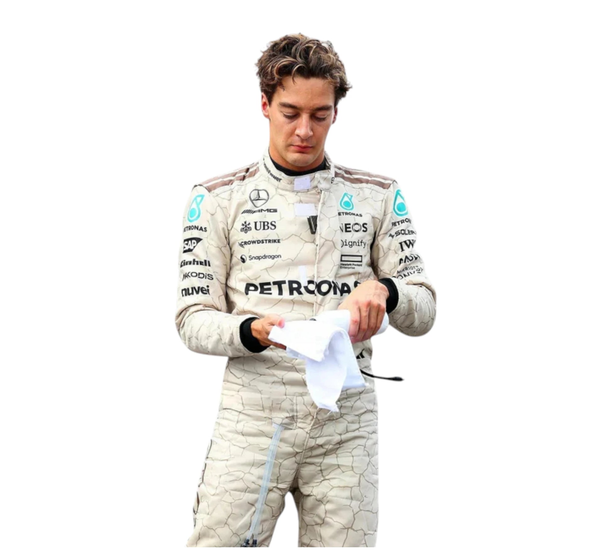 Person in a racing suit with visible branding on a white background