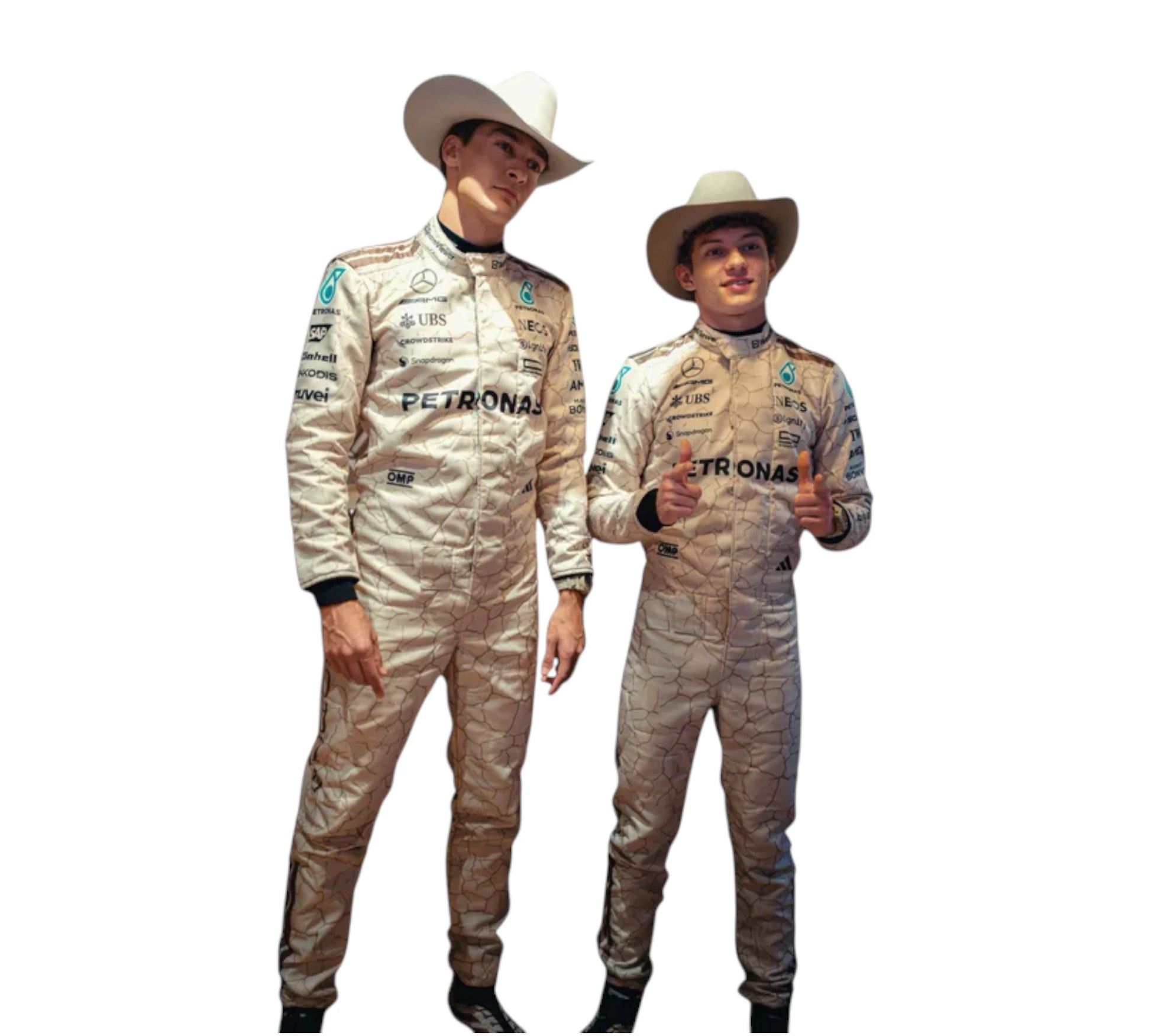 Two individuals wearing racing suits with Petronas branding on a white background