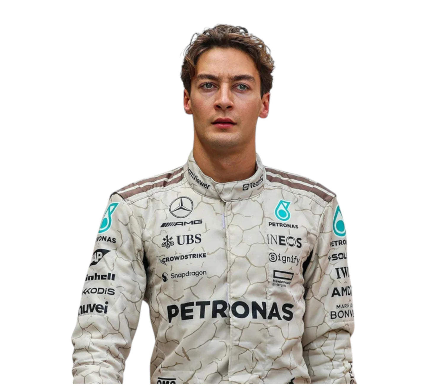 Person wearing a racing suit with various sponsor logos on a white background