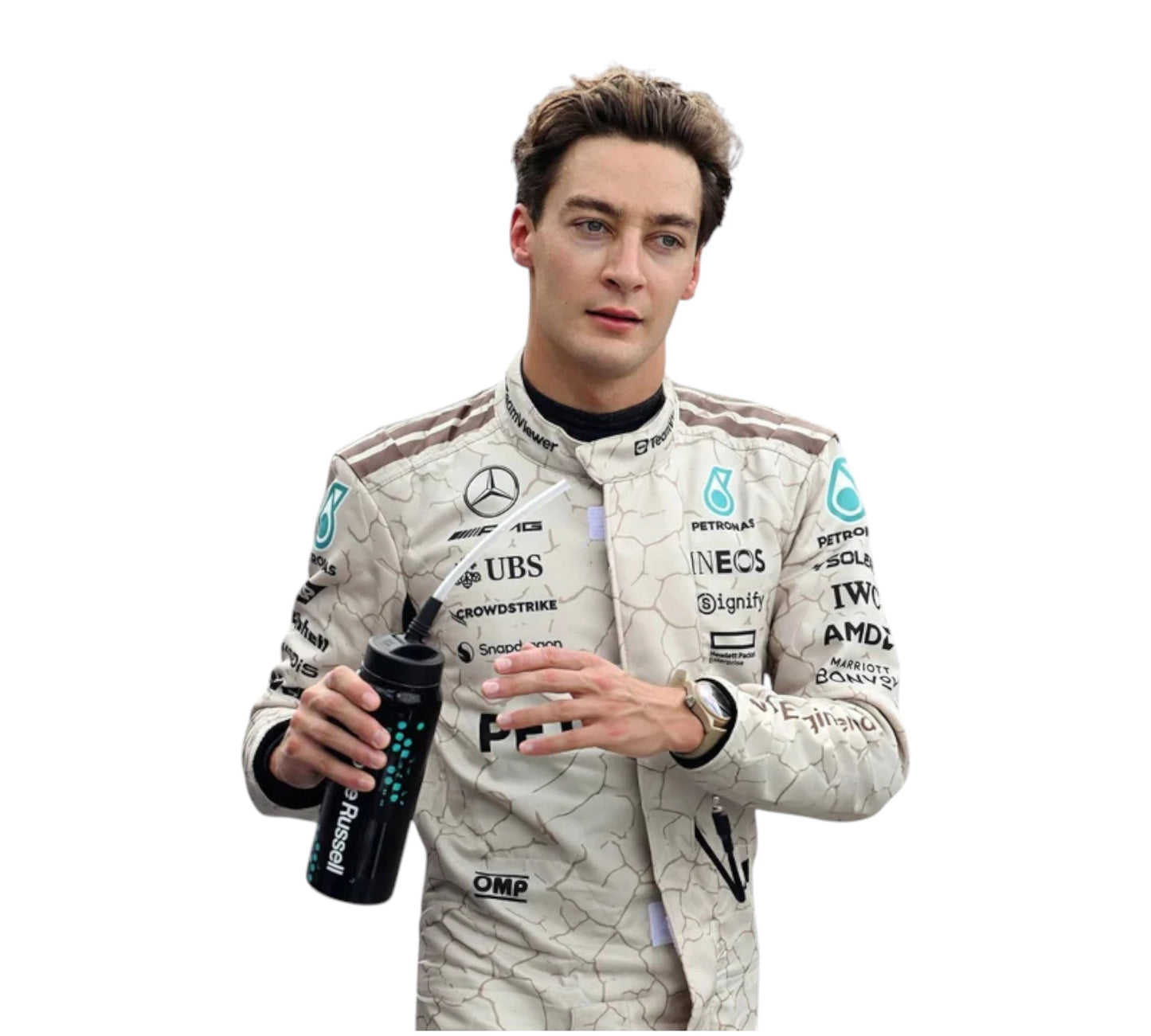 Person in a racing suit with Petronas branding on a white background