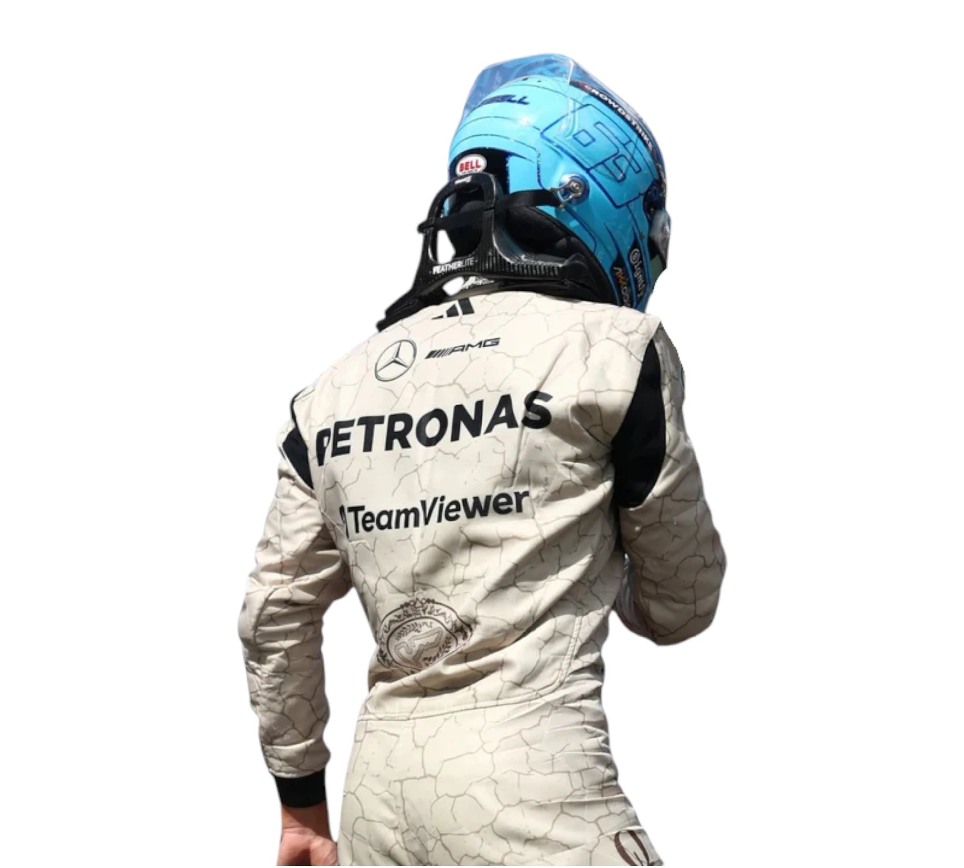 Person wearing a Formula 1 racing suit with visible branding on a white background