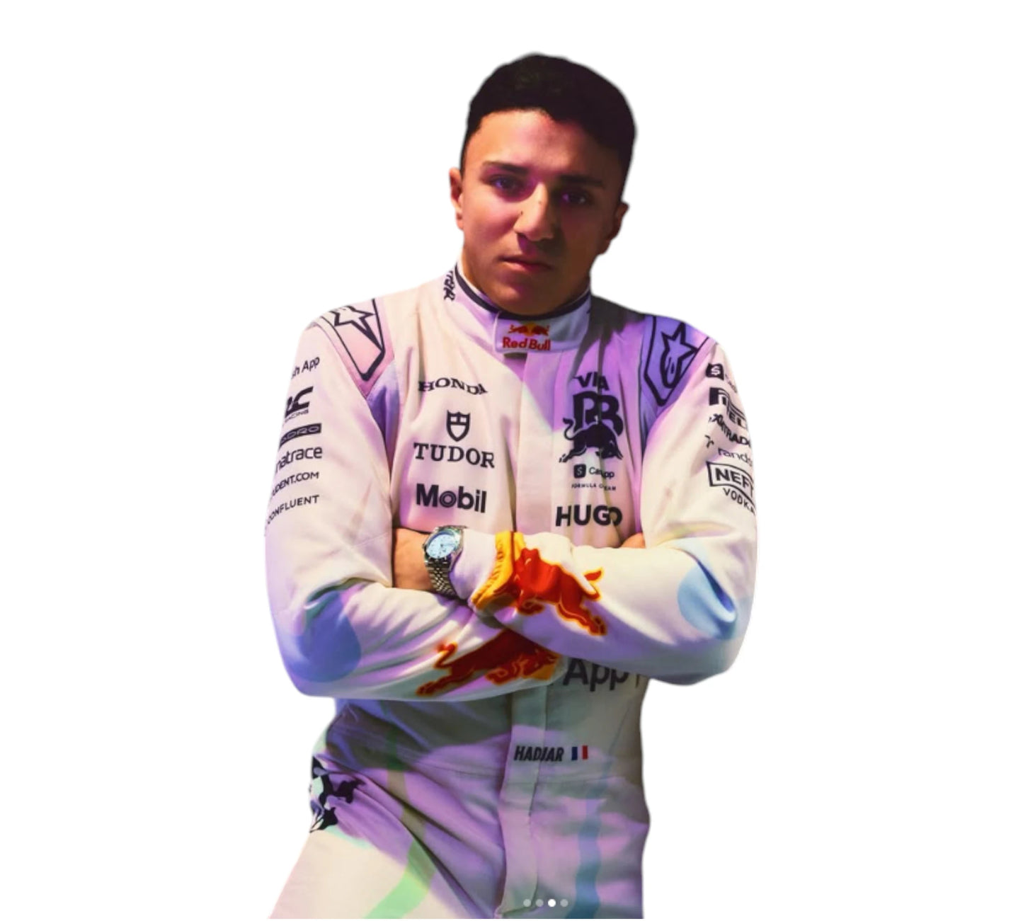 Person wearing a racing suit with various sponsor logos on a white background