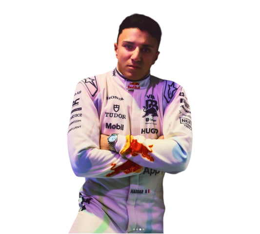 Person wearing a racing suit with various sponsor logos on a white background