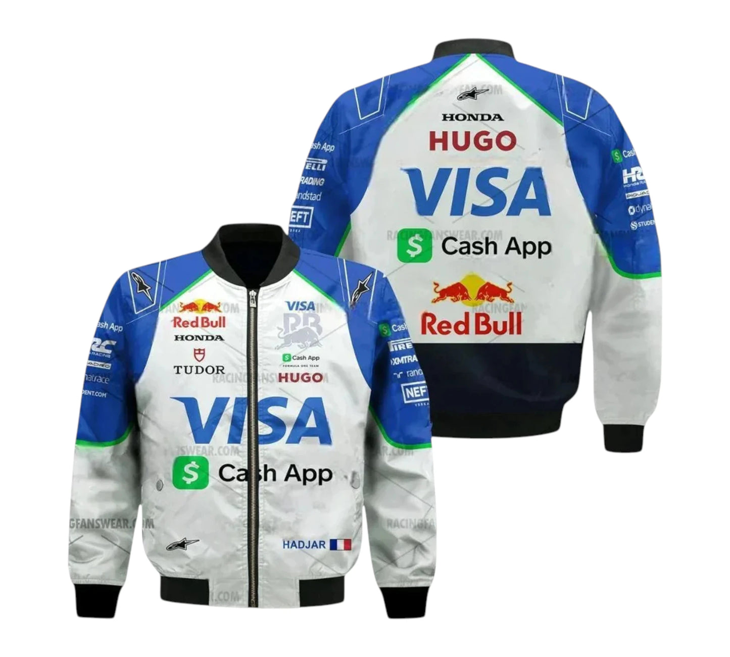 Motorsport-themed jacket with various brand logos on a white background
