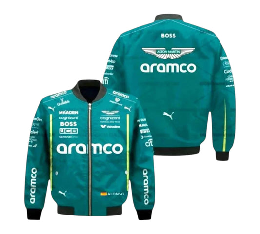 Teal racing jacket with Aramco and Puma branding on a white background