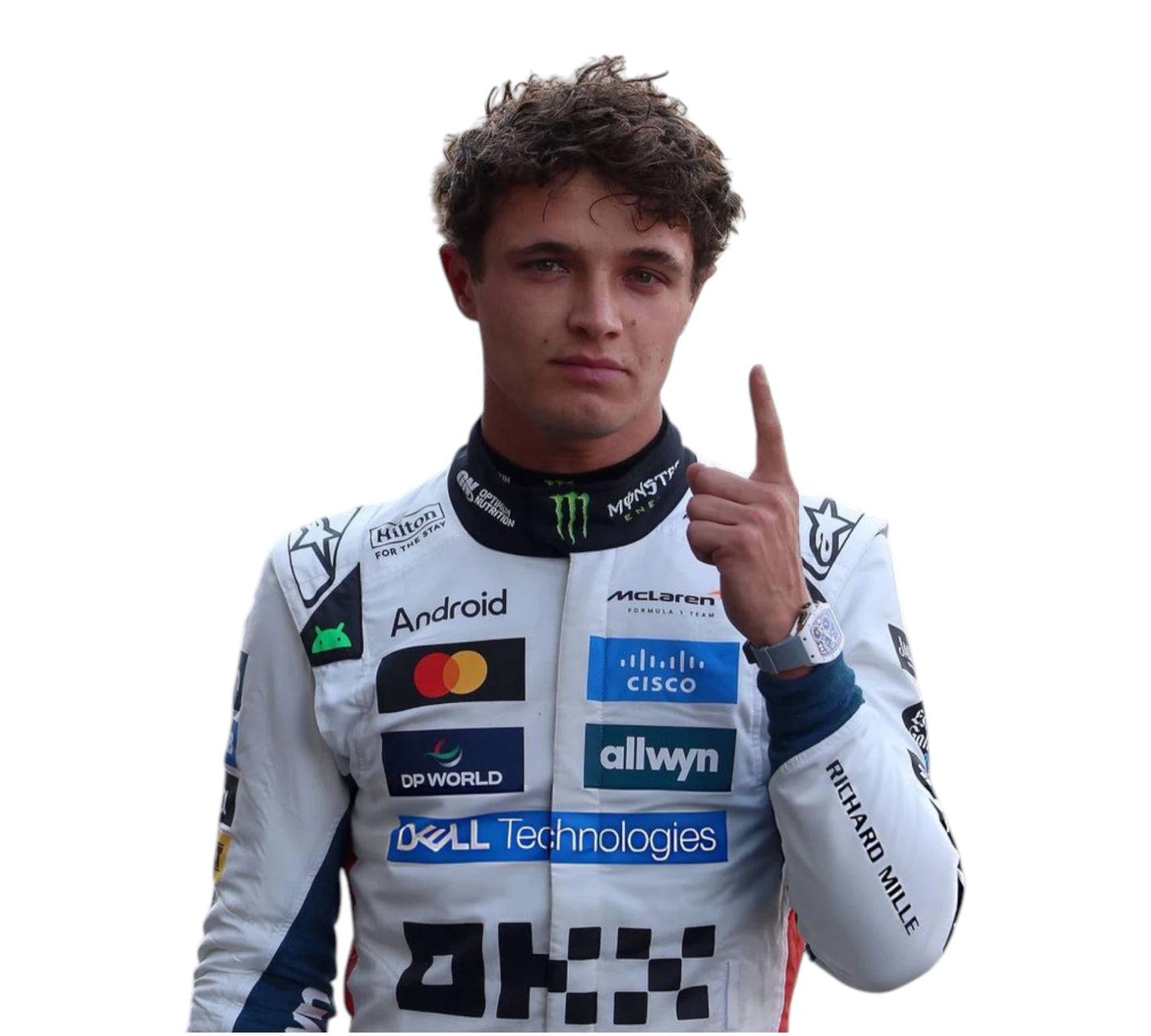 Person wearing a racing suit with various sponsor logos on a white background