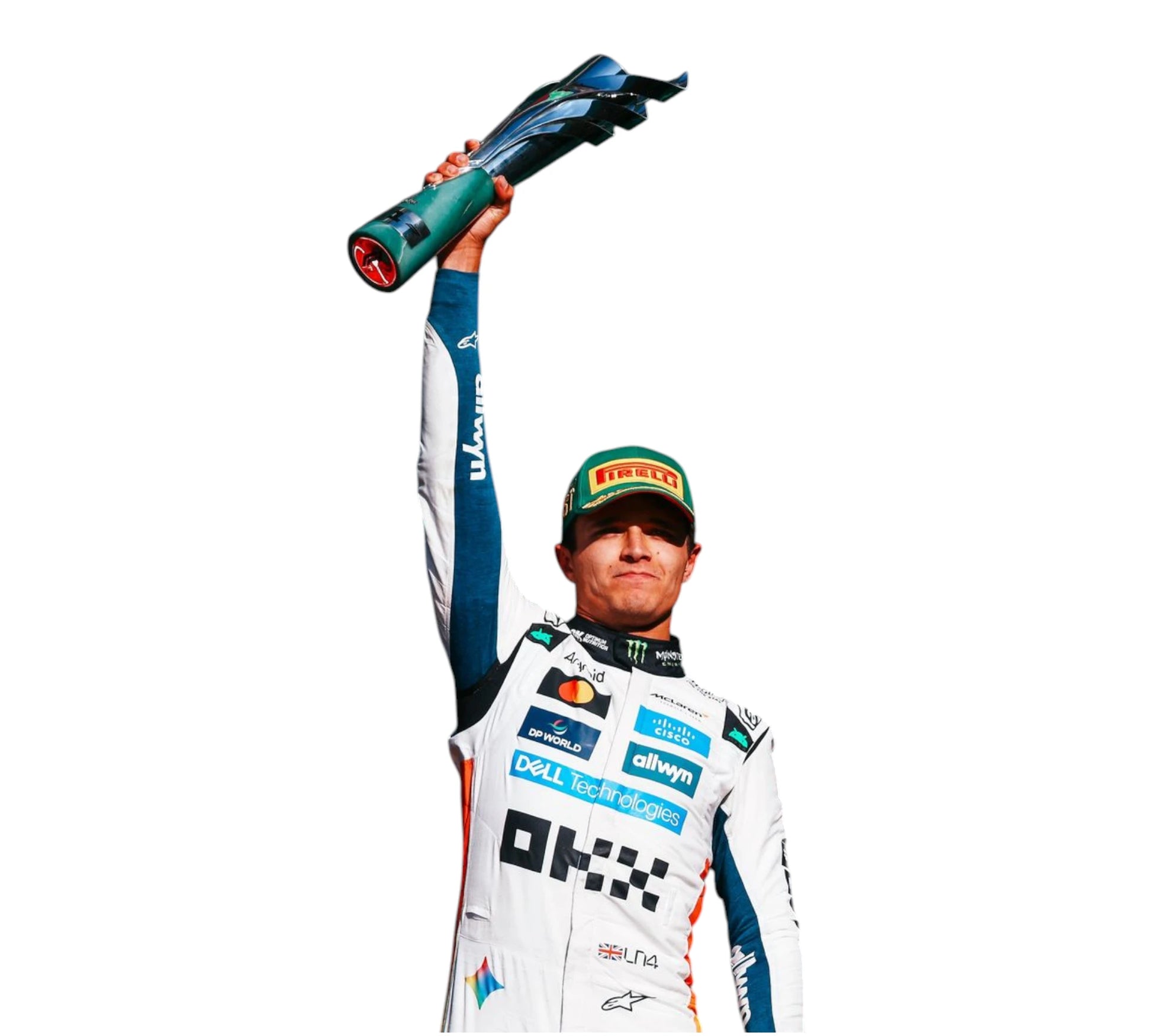 Person in racing suit holding a trophy with visible branding on a white background