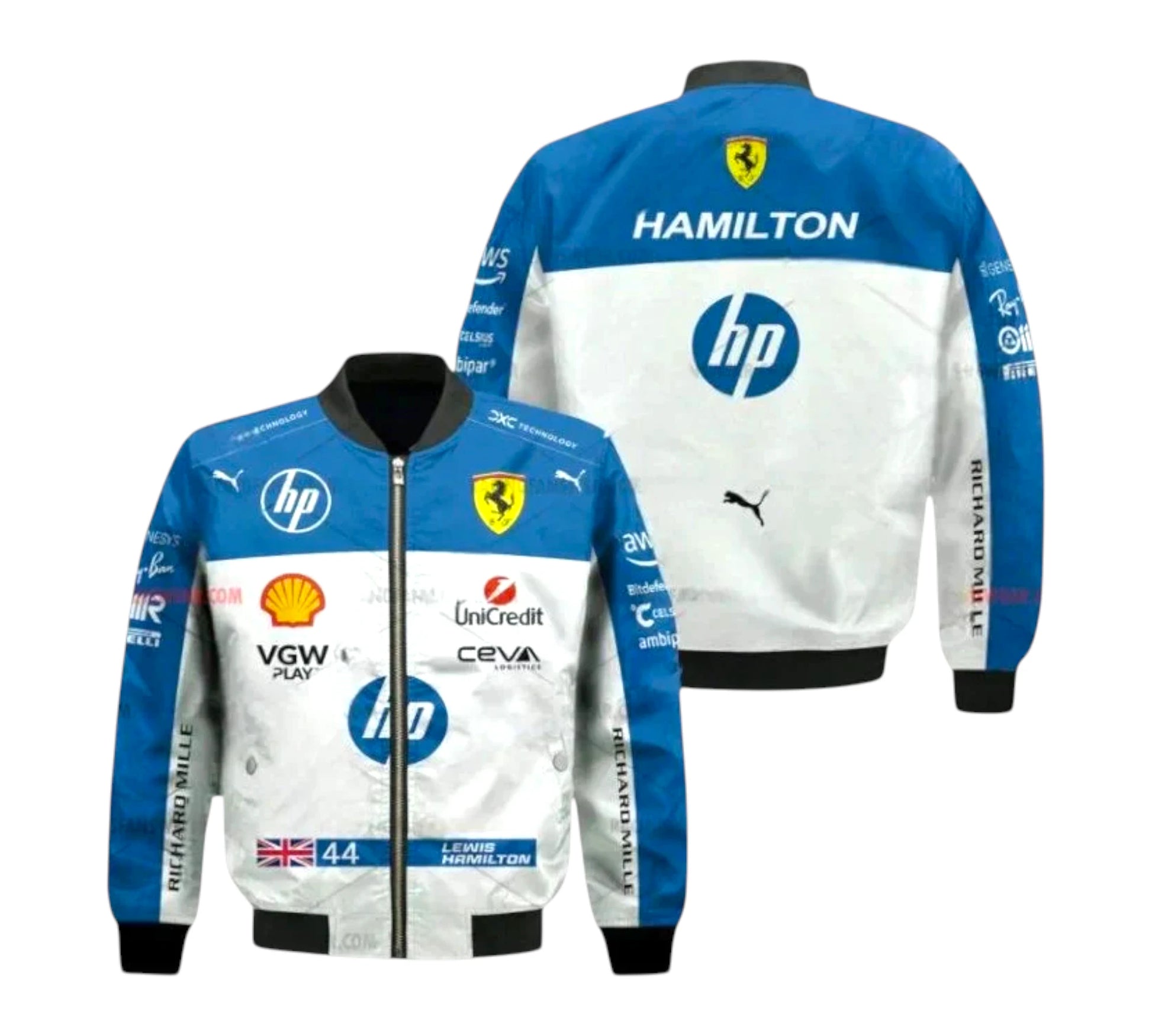 Blue and white racing jacket with various logos on a white background