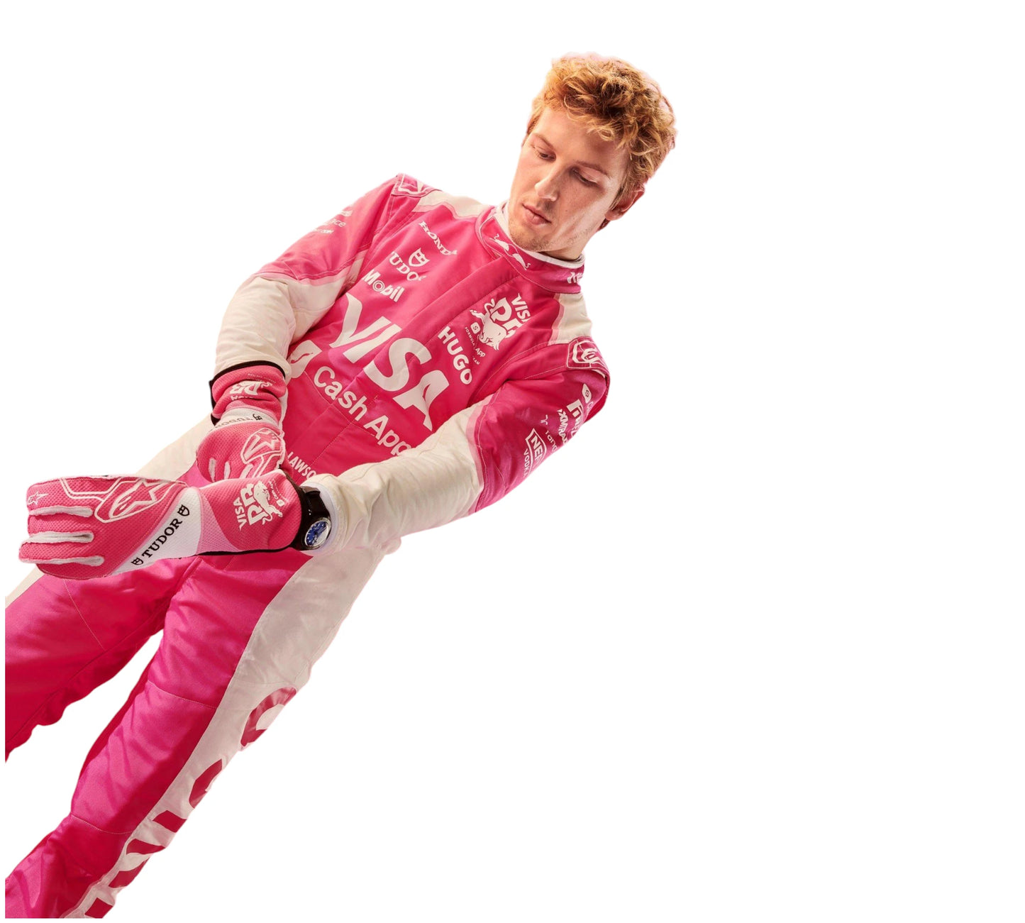 Person wearing a pink racing suit with visible branding on a white background