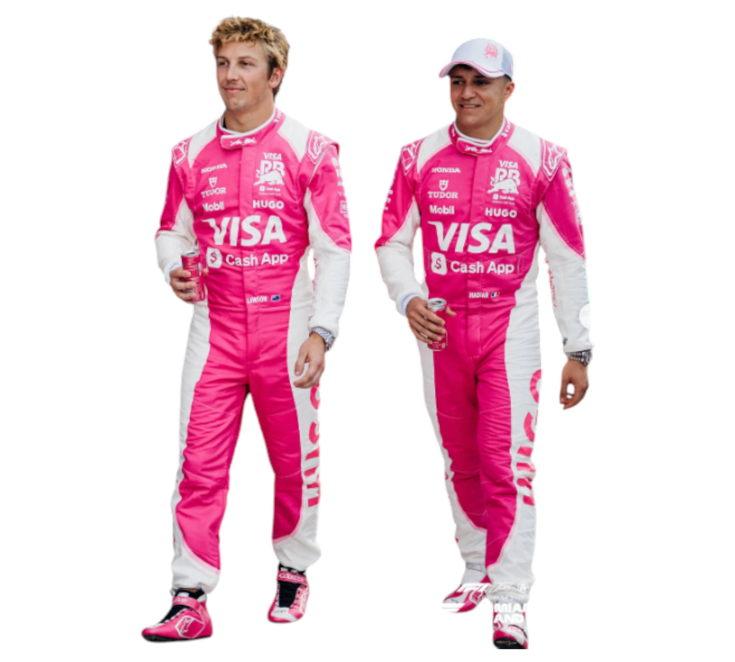 Two individuals wearing pink racing suits with Visa branding on a white background