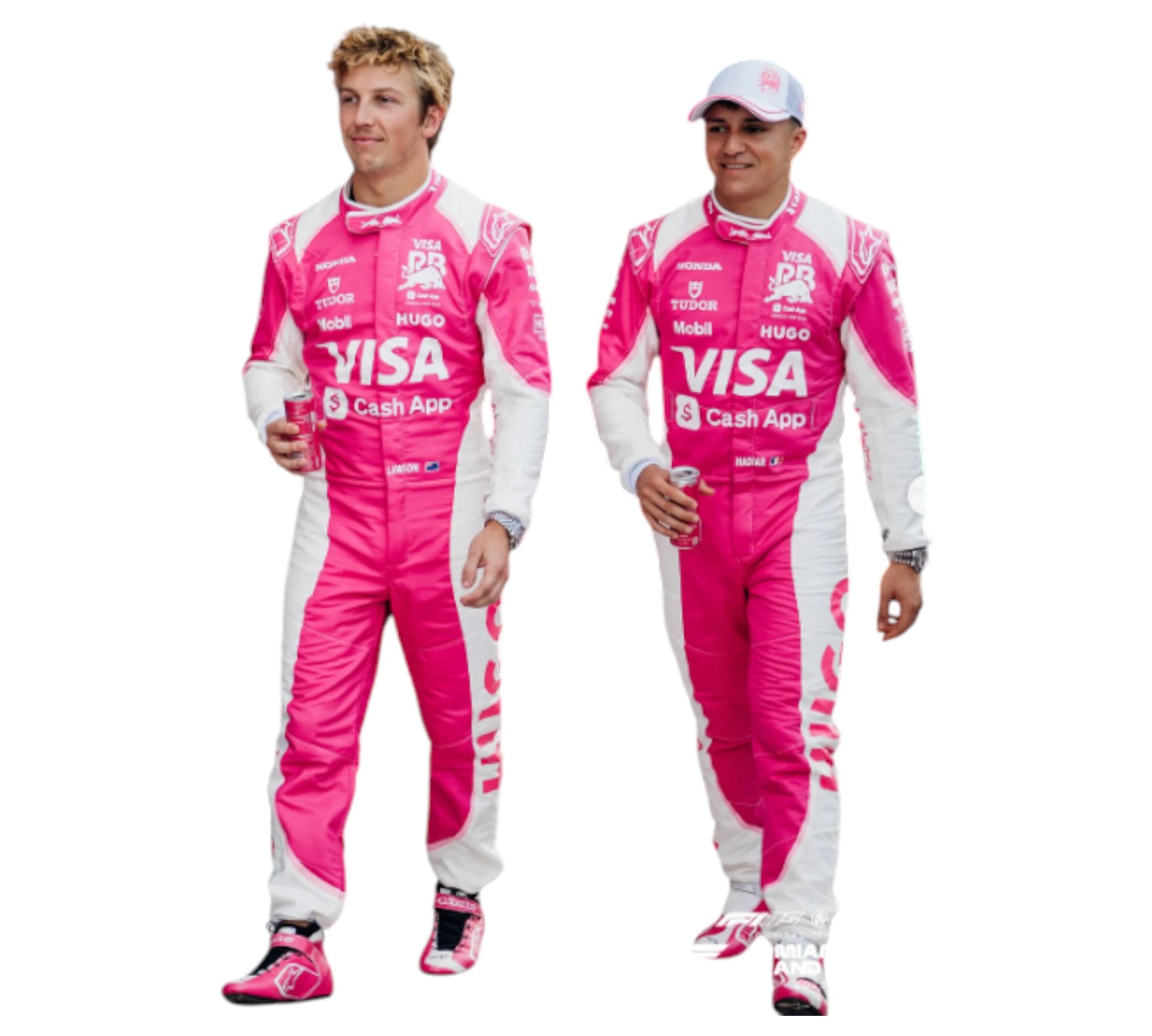 Two individuals wearing pink racing suits with Visa branding on a white background