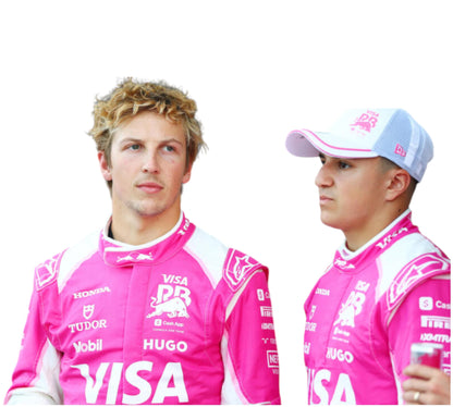 Two individuals wearing pink racing suits with various sponsor logos on a white background.