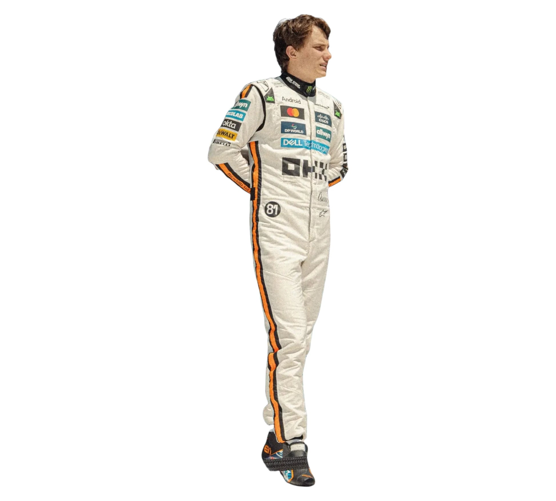 Person wearing a white racing suit with various sponsor logos on a white background