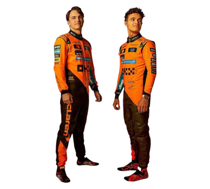 Two individuals wearing orange and black racing suits on a white background