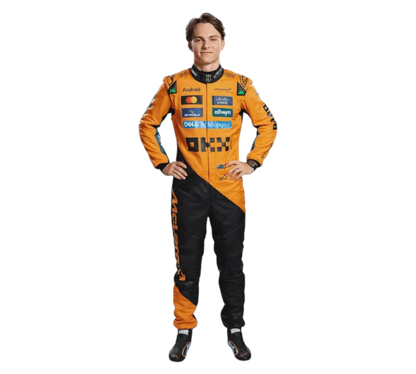 Person wearing an orange and black racing suit with various sponsor logos on a white background