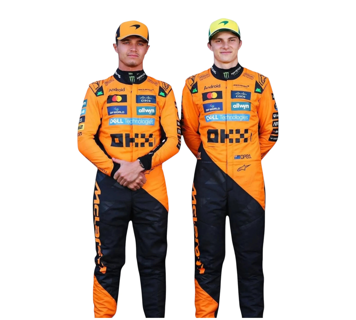 Two individuals wearing orange racing suits with various sponsor logos on a white background.