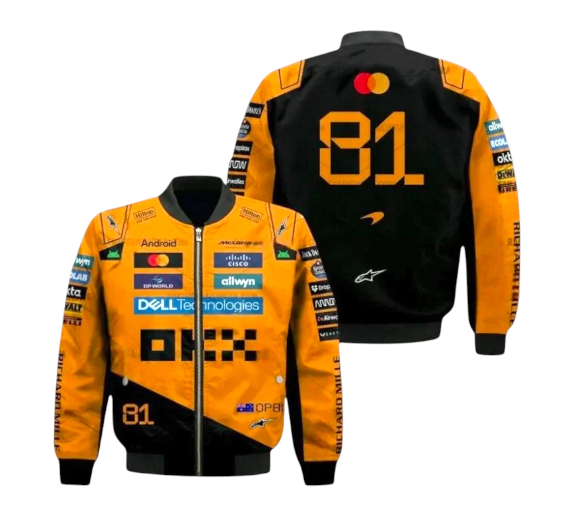Orange and black jacket with various logos on a white background