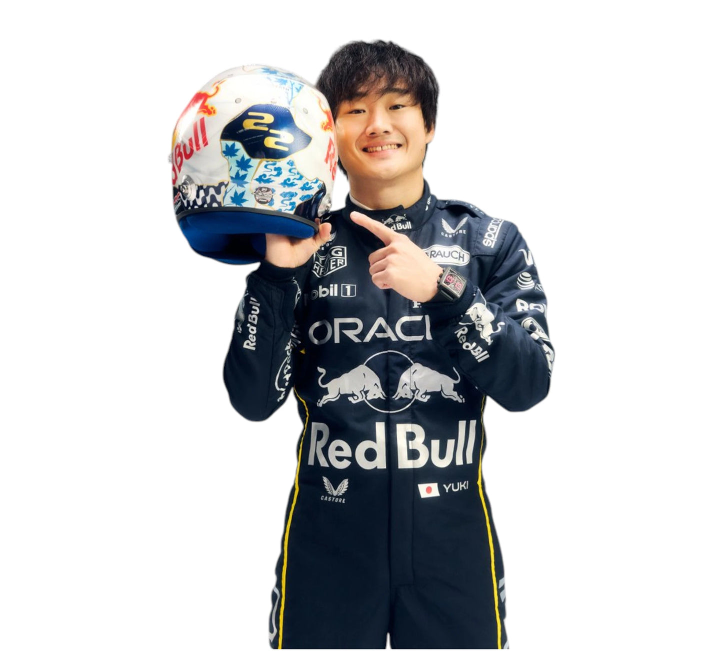 Person in Red Bull racing suit holding a helmet with visible branding