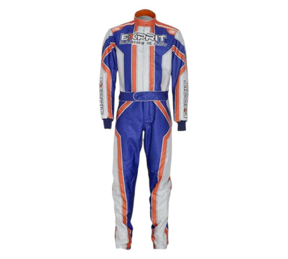 Racing suit with blue, white, and orange design on a white background
