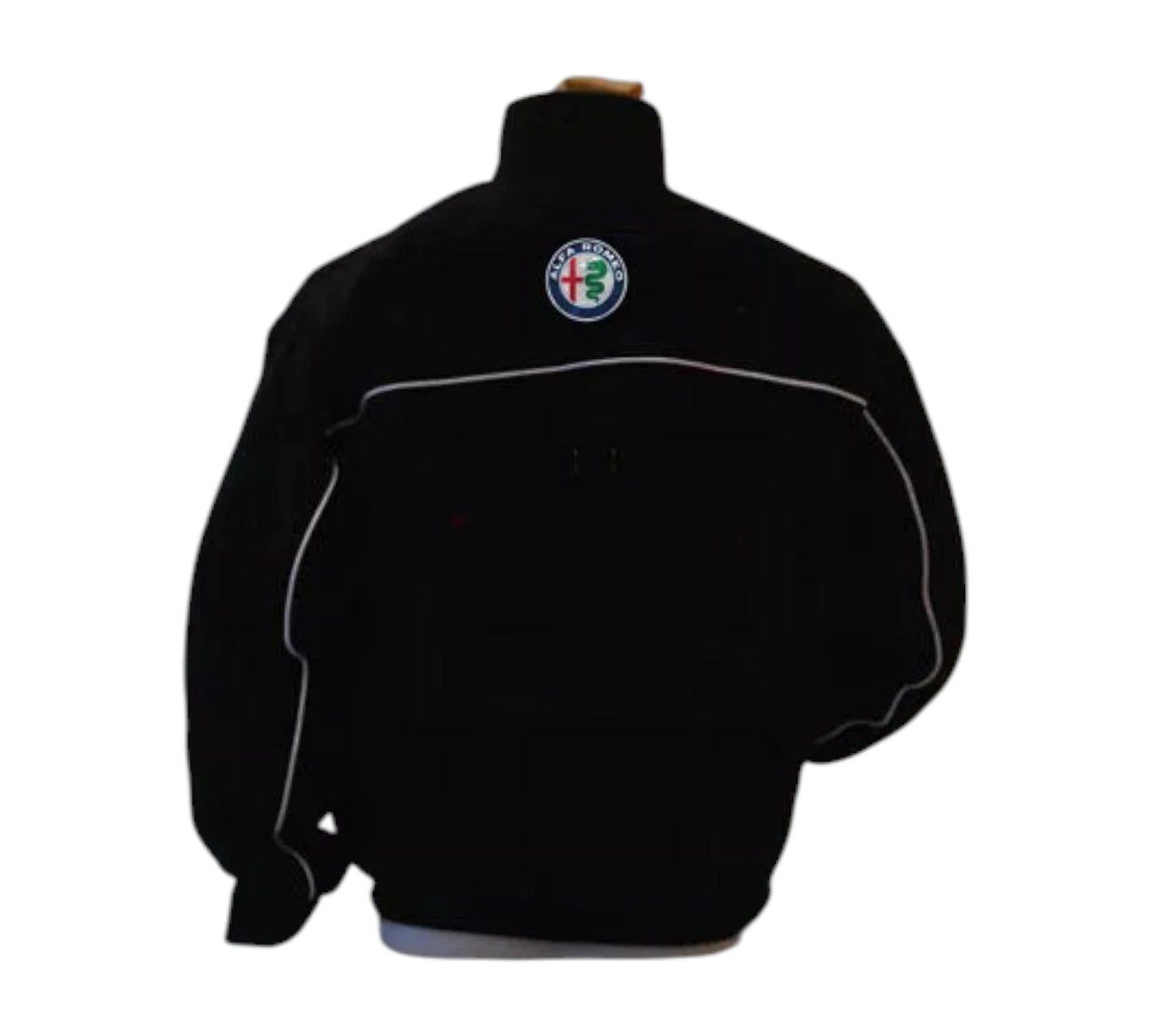 Black jacket with a logo on the chest against a white background