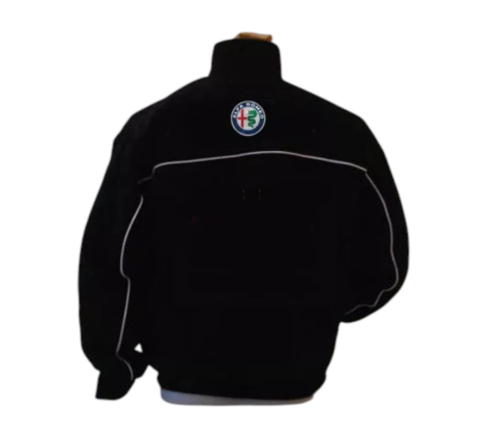 Black jacket with a logo on the chest against a white background