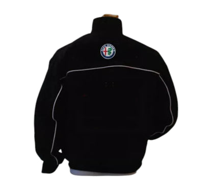 Black jacket with a logo on the chest against a white background