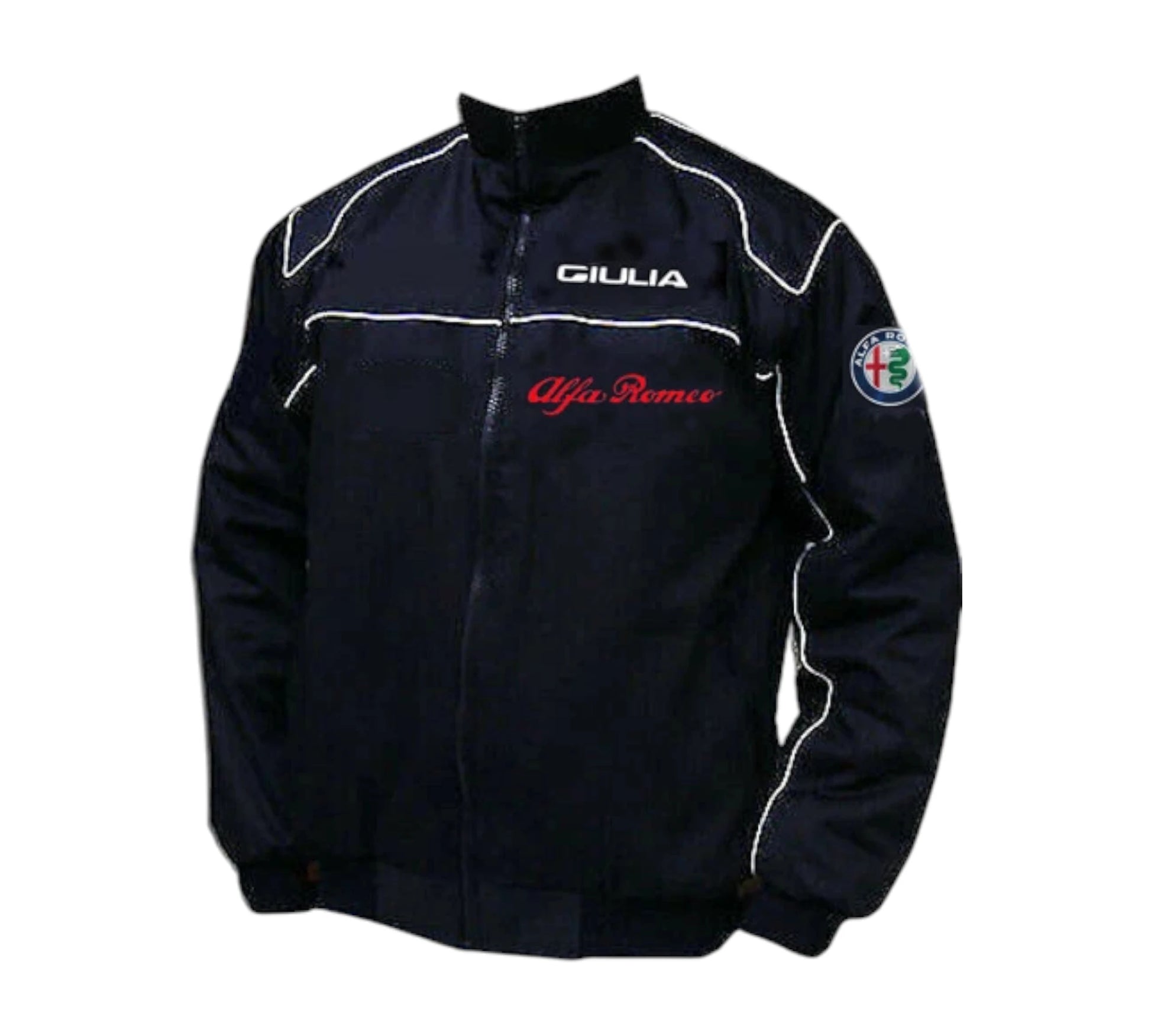 Black jacket with Alfa Romeo branding on a white background