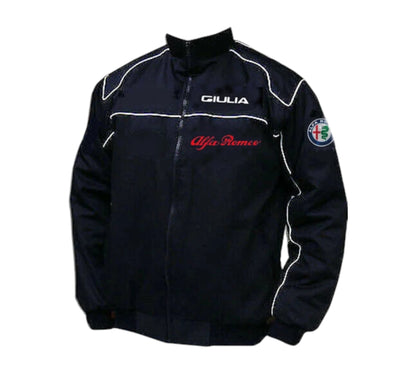 Black jacket with Alfa Romeo branding on a white background
