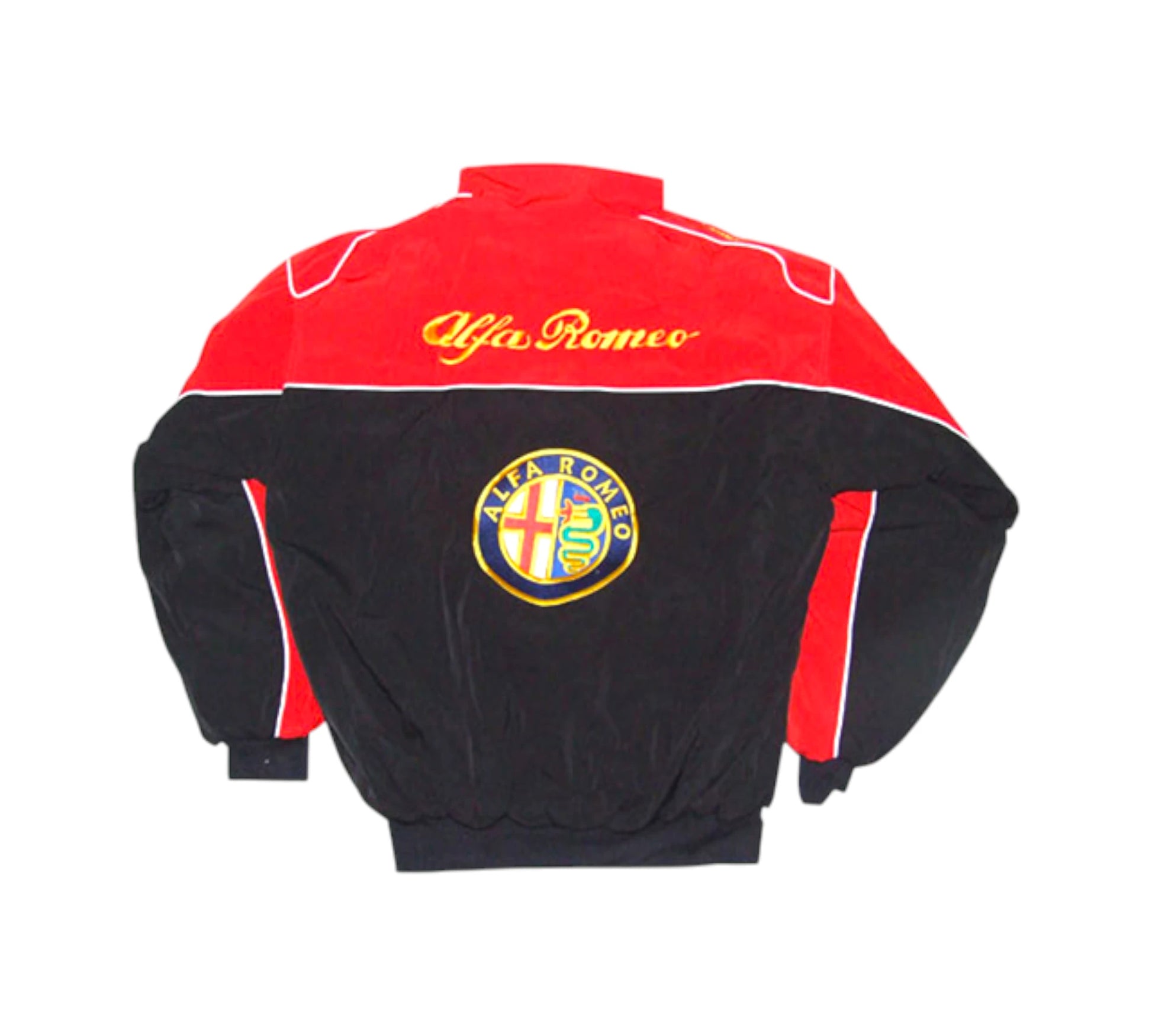 Red and black jacket with Alfa Romeo logo on a white background