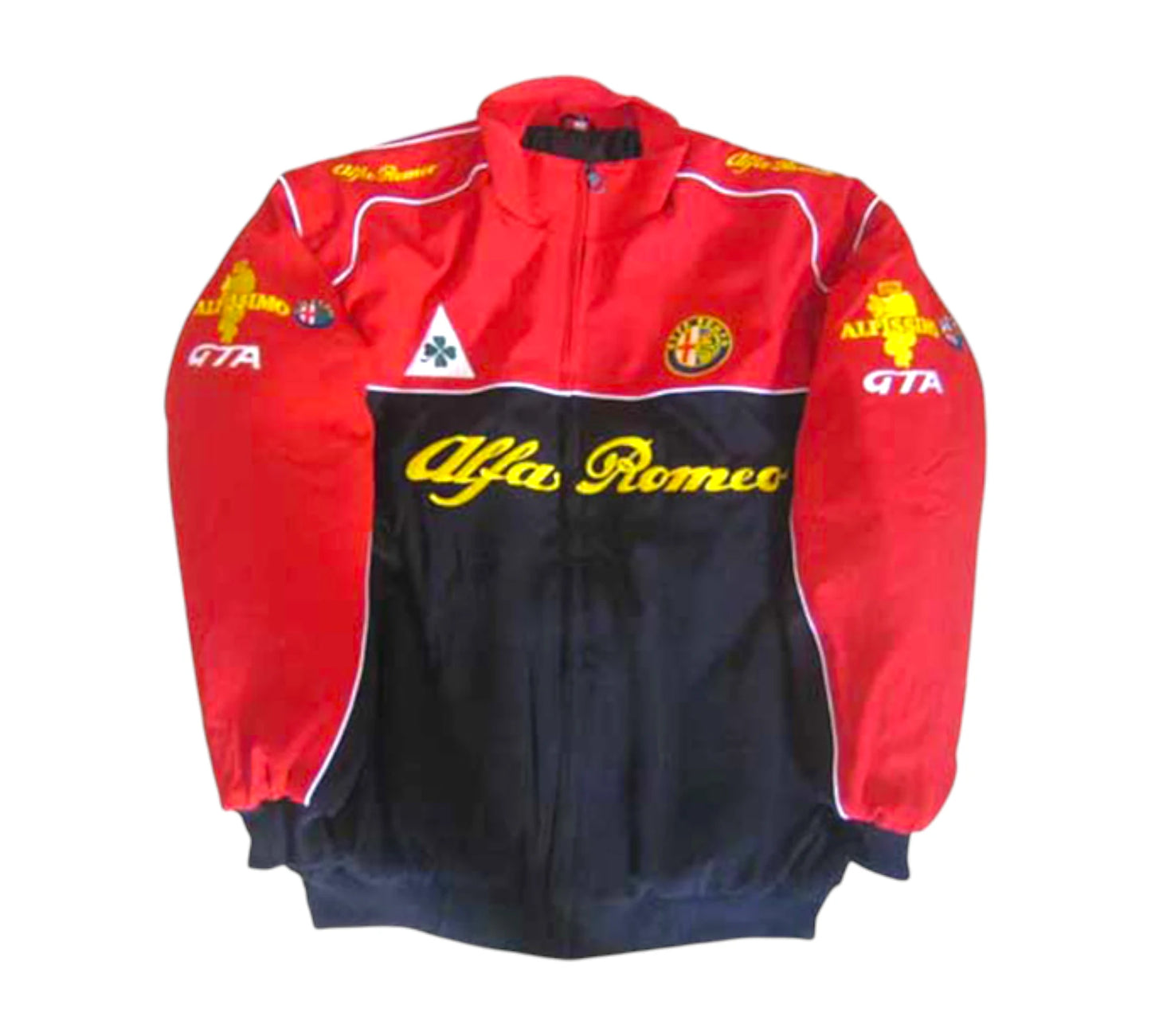 Red and black jacket with Alfa Romeo branding on a white background