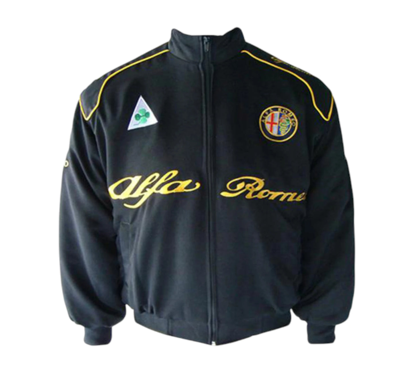 Black jacket with yellow text and logos on a white background