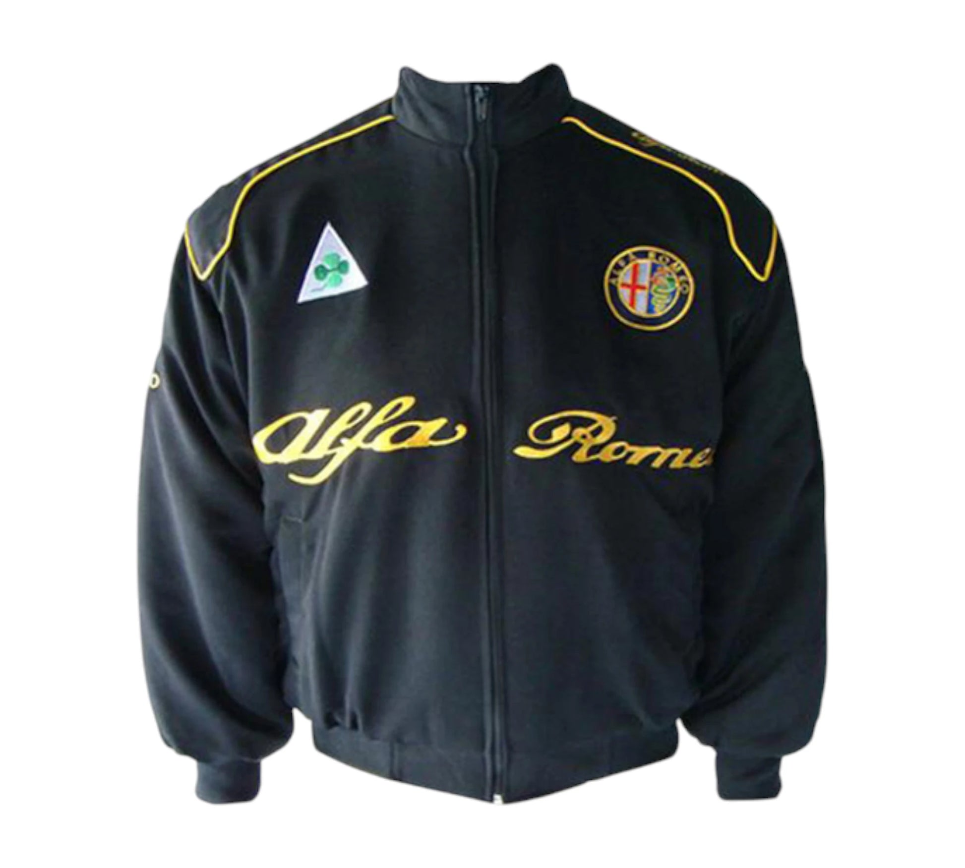 Black jacket with yellow text and logos on a white background
