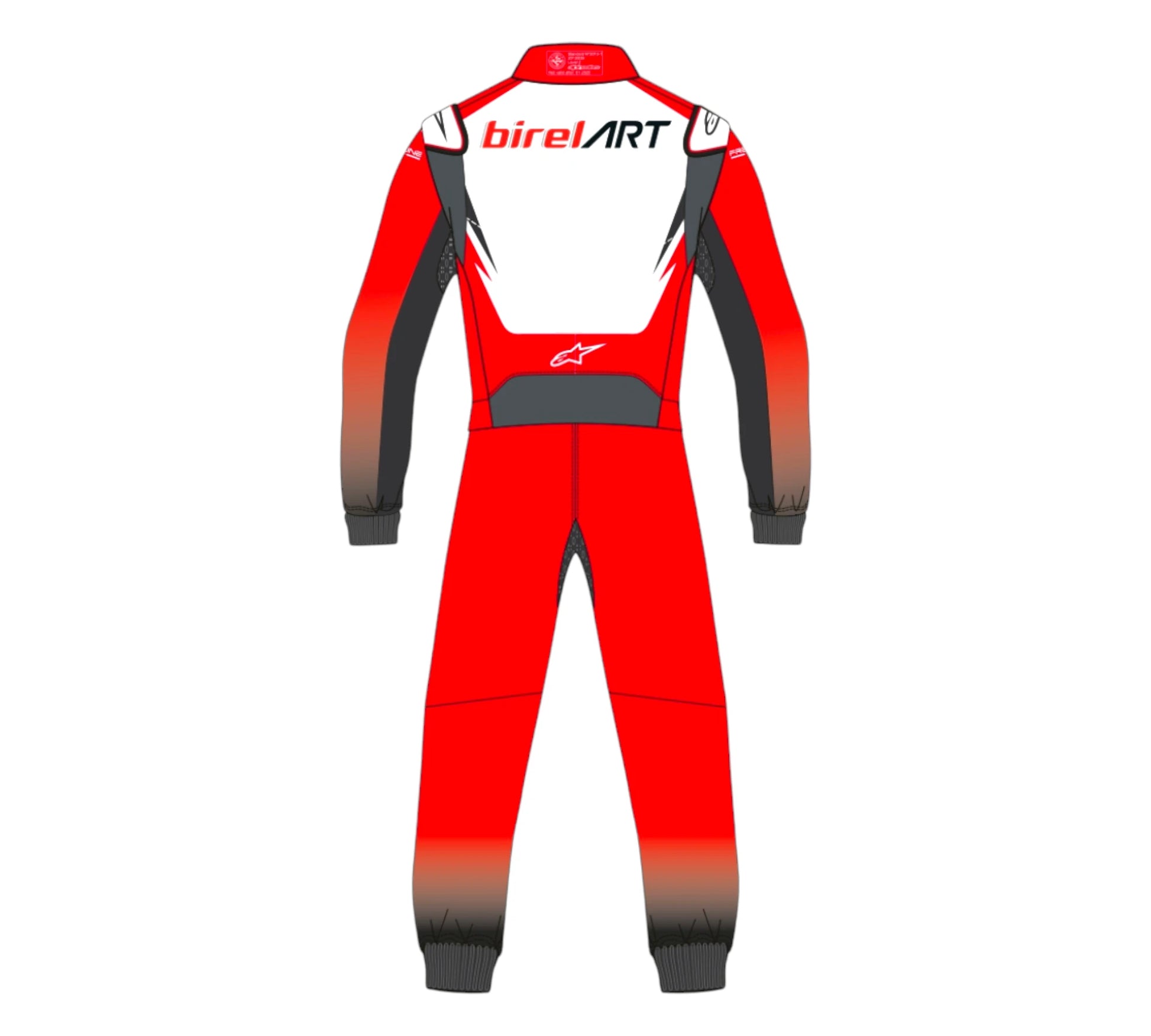 Red and white racing suit with Birel Art branding on a white background