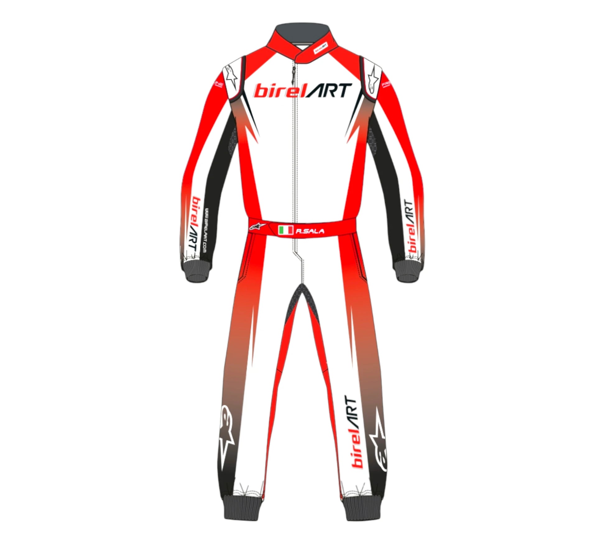 Red, white, and black racing suit with 'Birel Art' branding on a white background