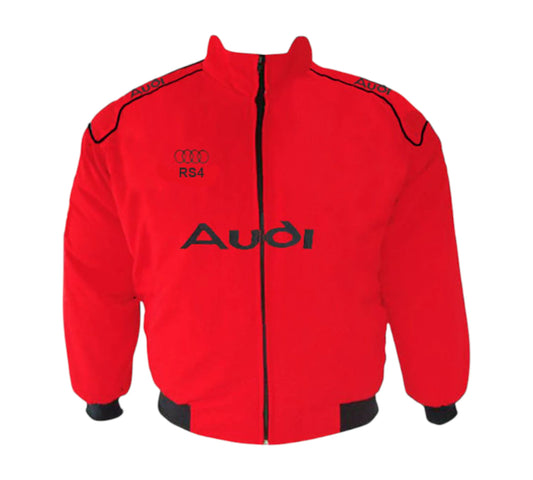 Red Audi jacket with black accents on a white background