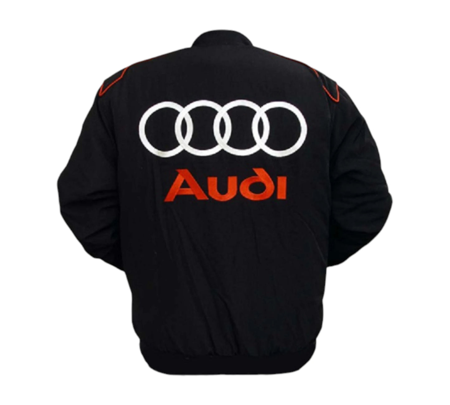 Black jacket with Audi logo on the back against a white background